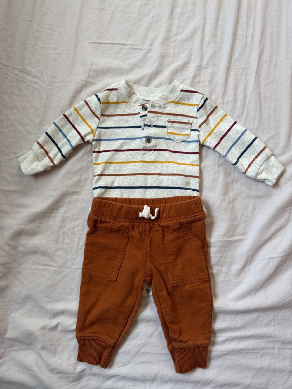 Carter's Cream Henley Top with Stripes & Rust Brown Jogger Set